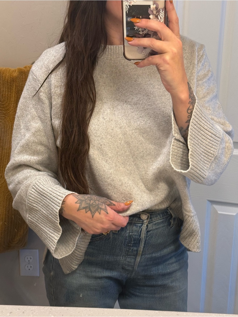Rachel Zoe Light Gray Crewneck Sweater with Flared Rib Cuffs